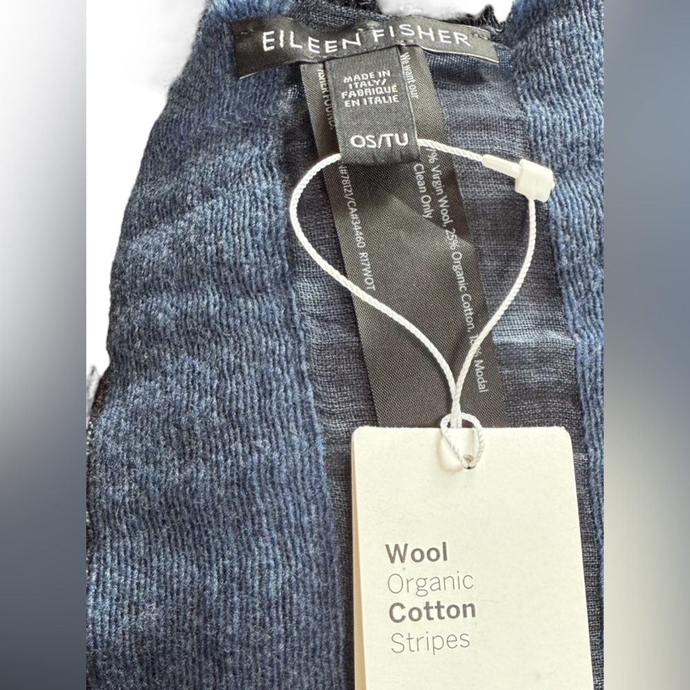 Eileen Fisher Organic Cotton Wool Striped Jumbo Scarf Blue Gray - Picture 2 of 5